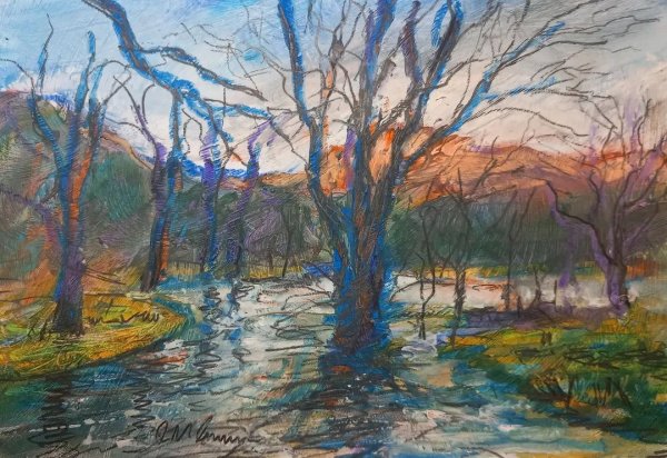 Flooded trees in autumn, Buttermere,. Oil pastel and mixe...