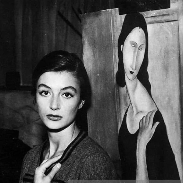 Anouk Aimée as Jeanne Hébuterne next to a Modigliani in J...